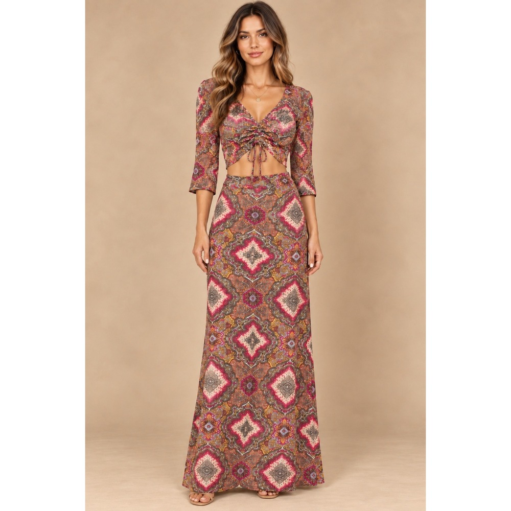 Pia Colors Womens 2 Piece Set S Multicolor Paisley Crop Top Maxi Skirt Set
